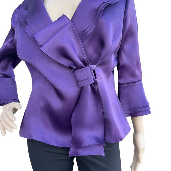 Frascara 8 Purple Silk Wrap Blouse Ruffle V-Neck Bell Sleeve Bow Tie NWOT - Picture 5 of 7